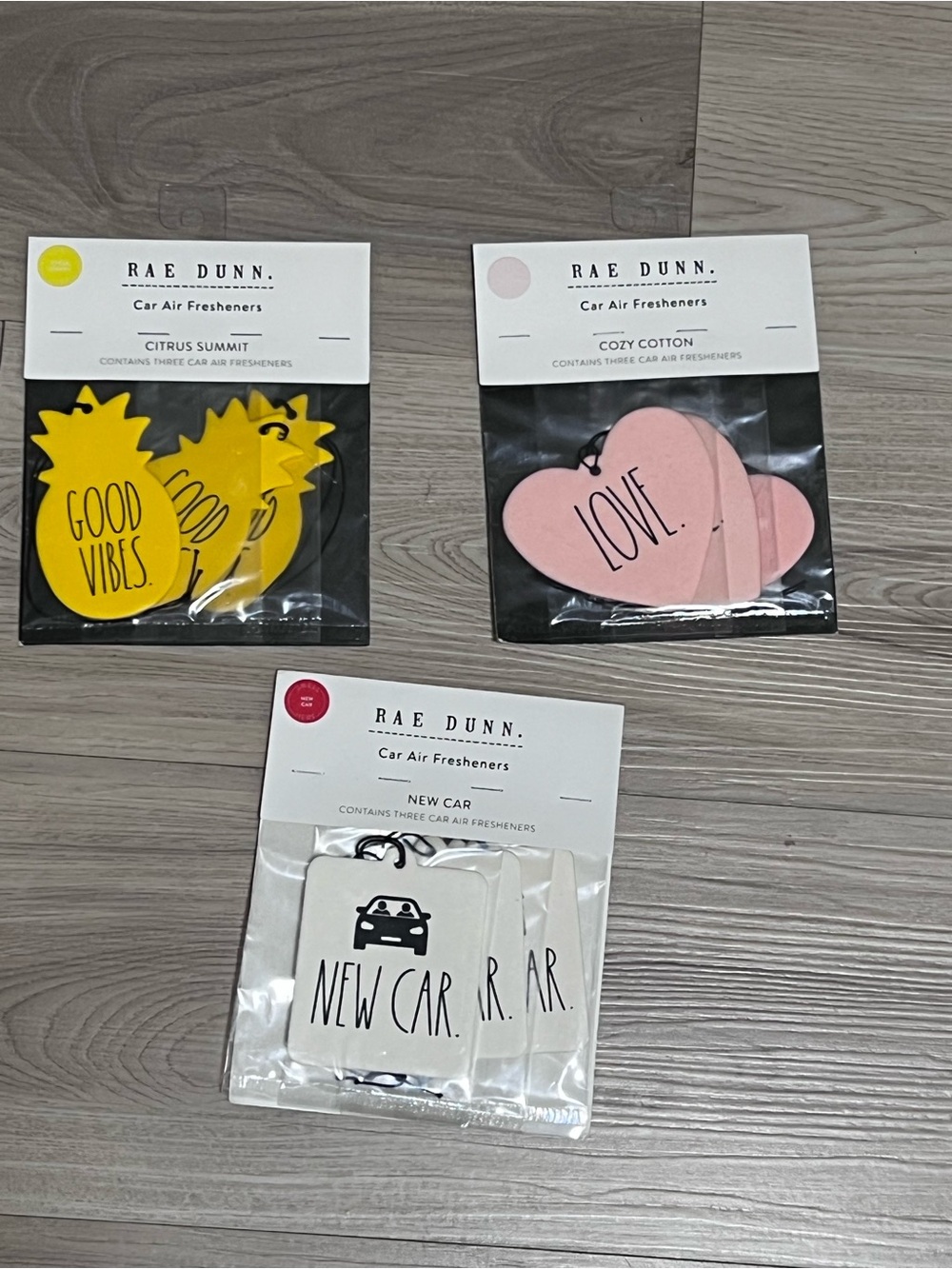 Rae Dunn Car Air Fresheners 3 Packs 9 Total Good Vibes Love New Car NEW - Picture 2 of 5